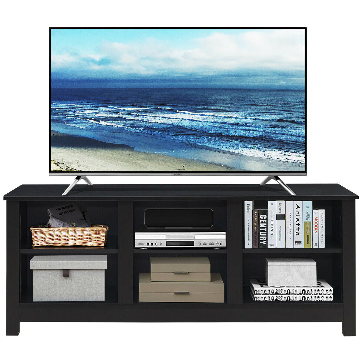Mid-Century TV Stand for TVs up to 60 Inches with Open Shelves and Cable Management in Black