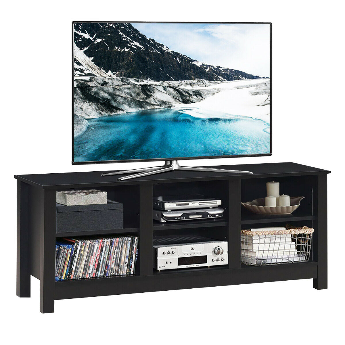 Mid-Century TV Stand for TVs up to 60 Inches with Open Shelves and Cable Management in Black
