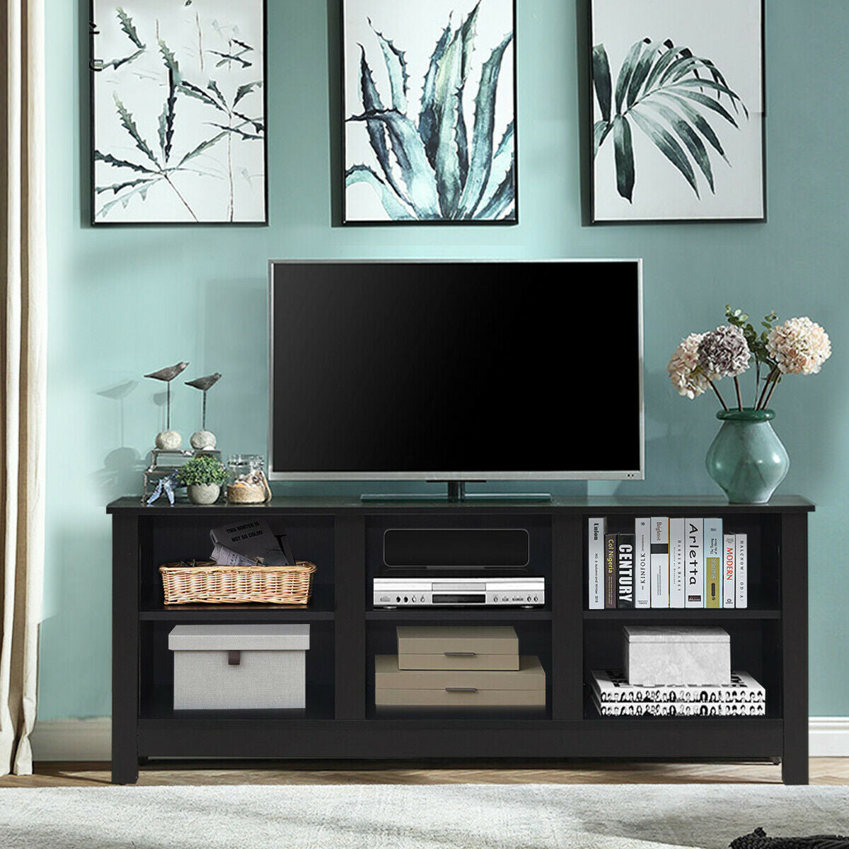 Mid-Century TV Stand for TVs up to 60 Inches with Open Shelves and Cable Management in Black