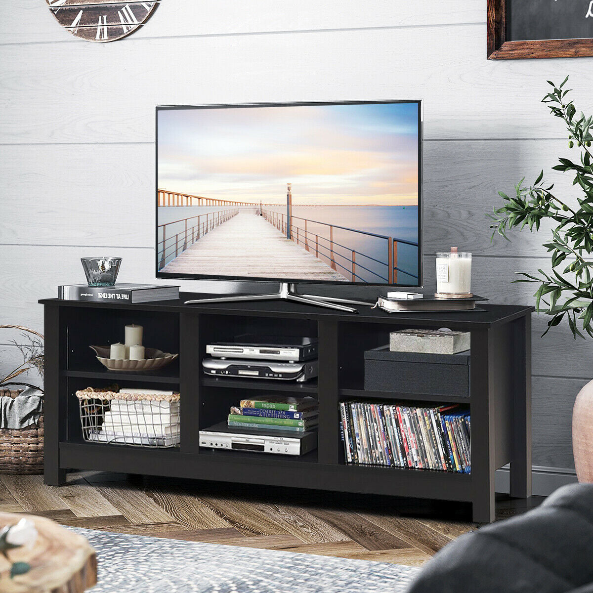 Mid-Century TV Stand for TVs up to 60 Inches with Open Shelves and Cable Management in Black