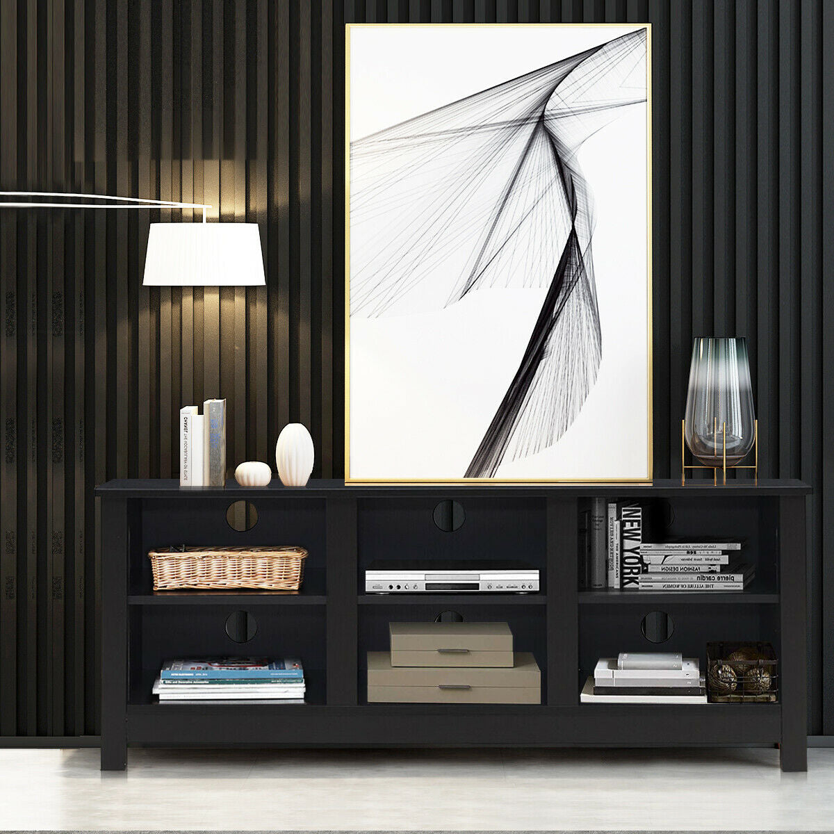 Mid-Century TV Stand for TVs up to 60 Inches with Open Shelves and Cable Management in Black
