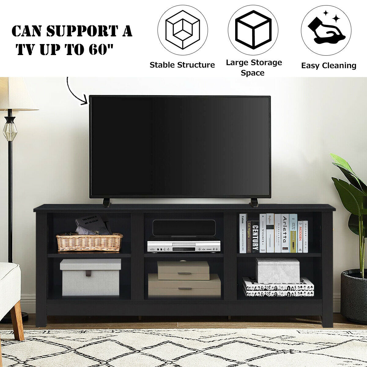 Mid-Century TV Stand for TVs up to 60 Inches with Open Shelves and Cable Management in Black