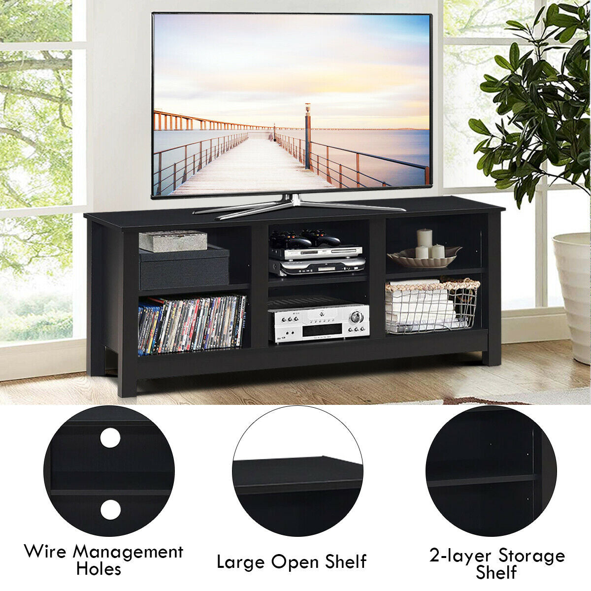 Mid-Century TV Stand for TVs up to 60 Inches with Open Shelves and Cable Management in Black