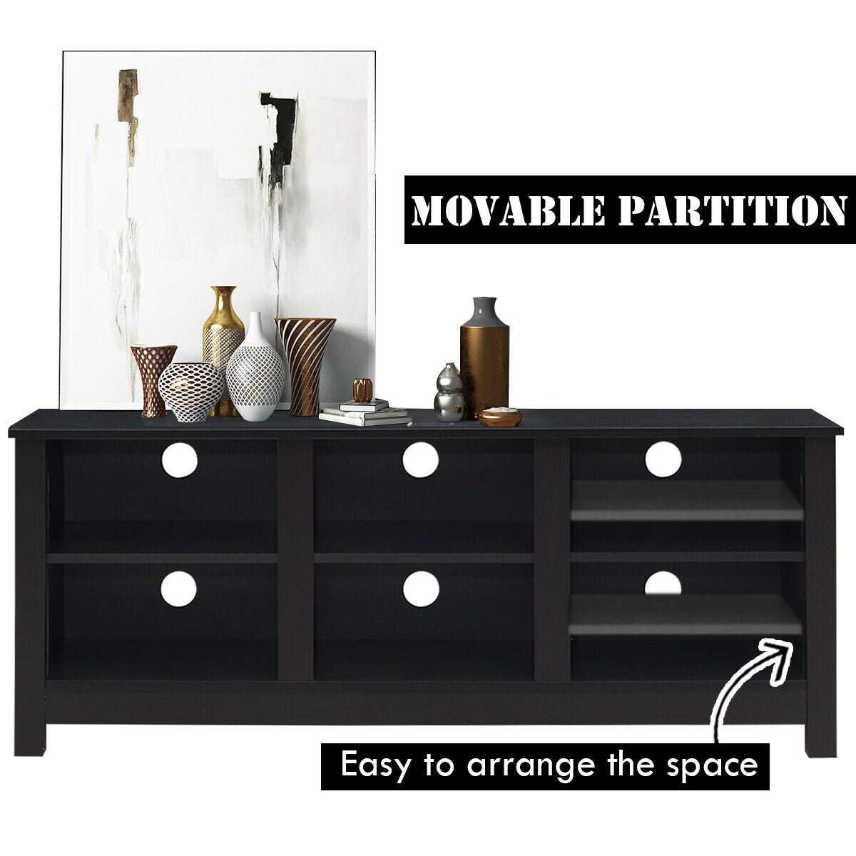 Mid-Century TV Stand for TVs up to 60 Inches with Open Shelves and Cable Management in Black