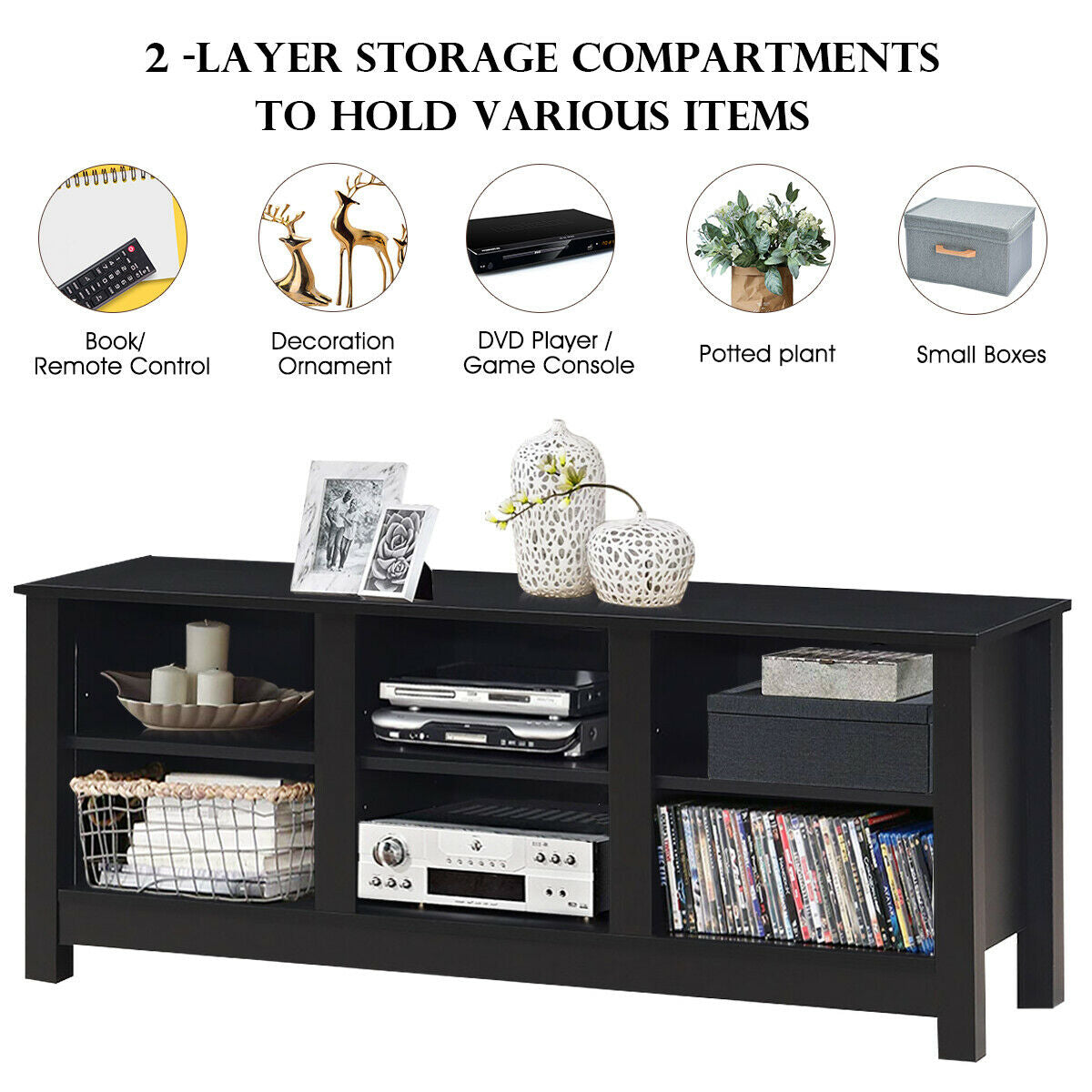 Mid-Century TV Stand for TVs up to 60 Inches with Open Shelves and Cable Management in Black