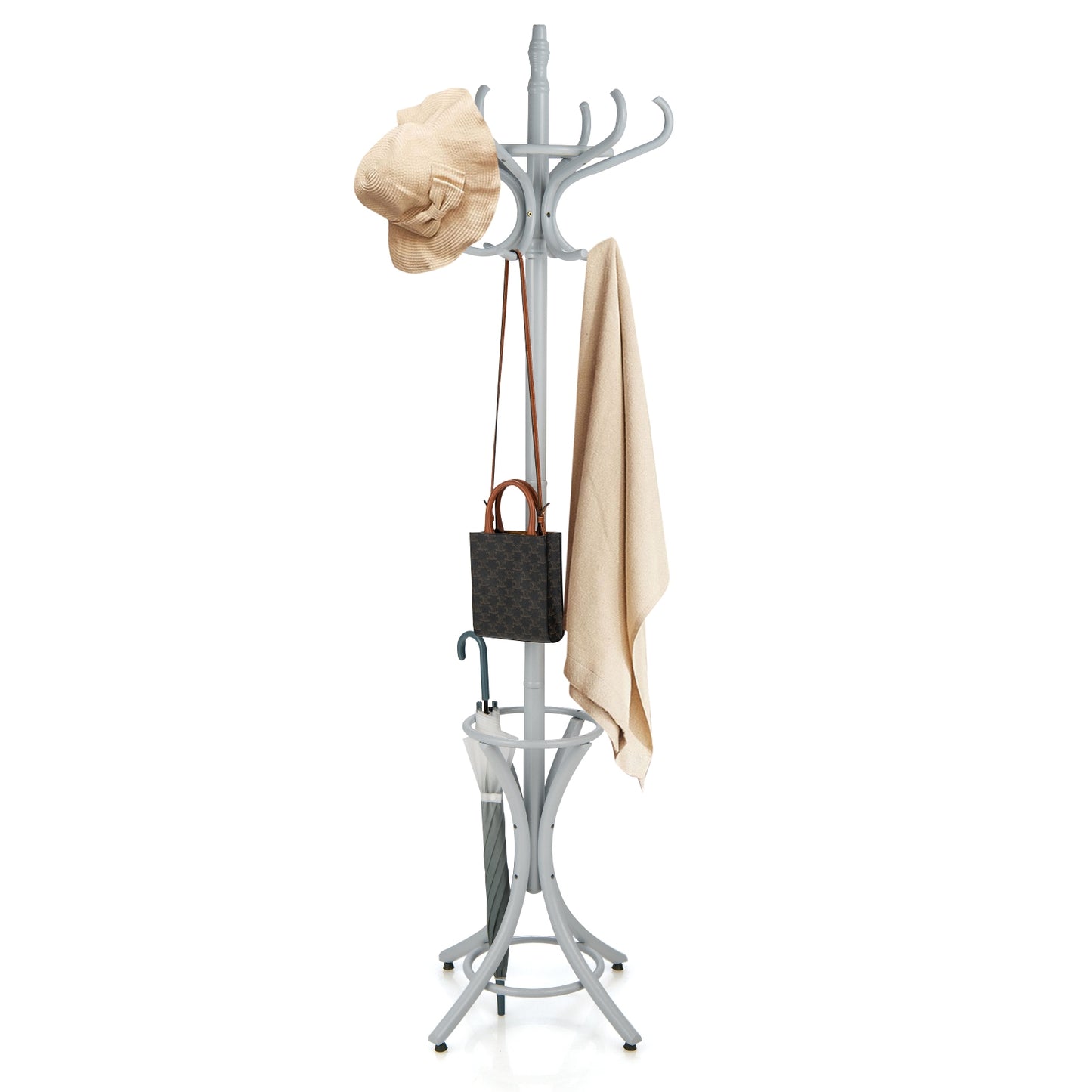 Wooden Standing Coat Rack with 12 Hooks and Umbrella Stand in Grey