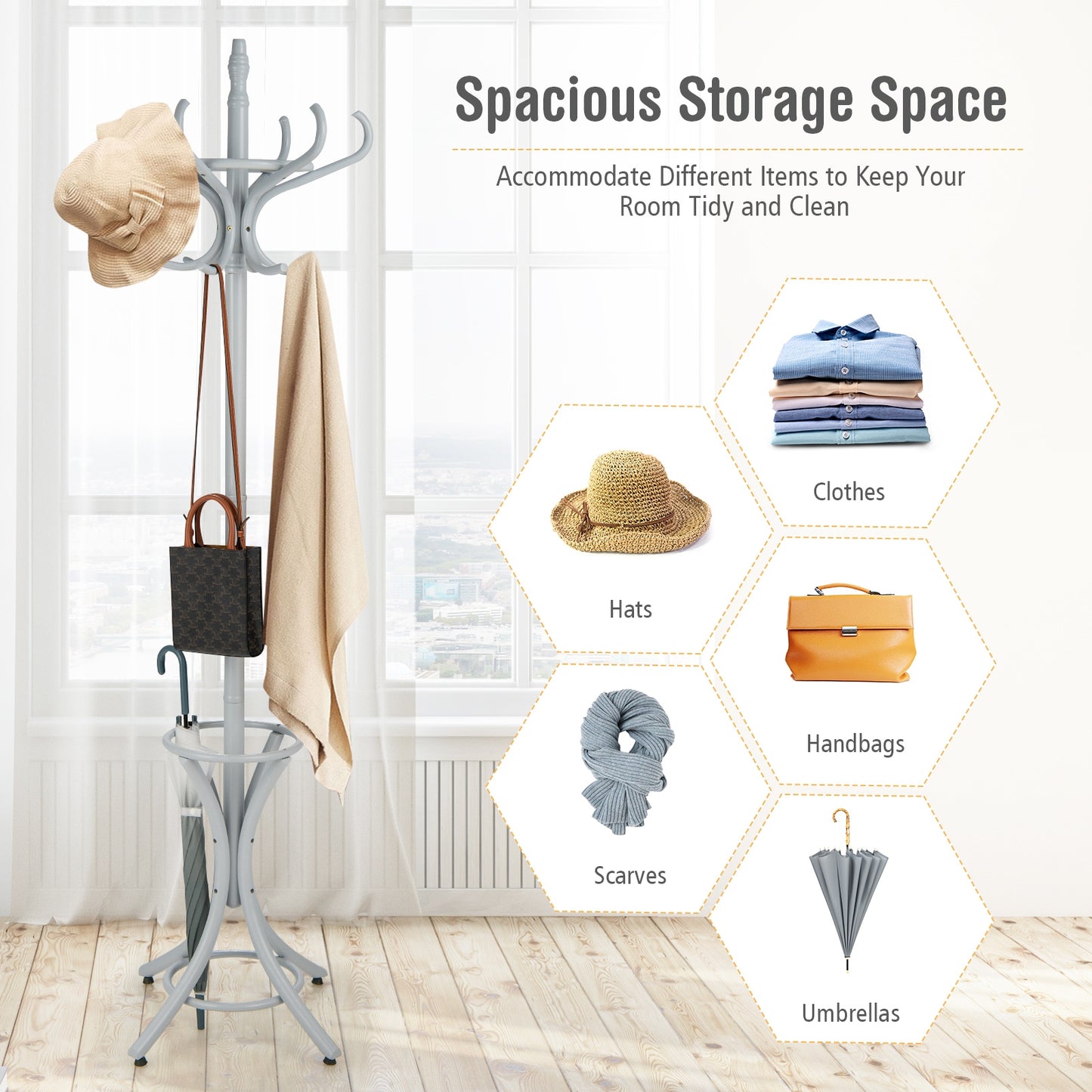 Wooden Standing Coat Rack with 12 Hooks and Umbrella Stand in Grey