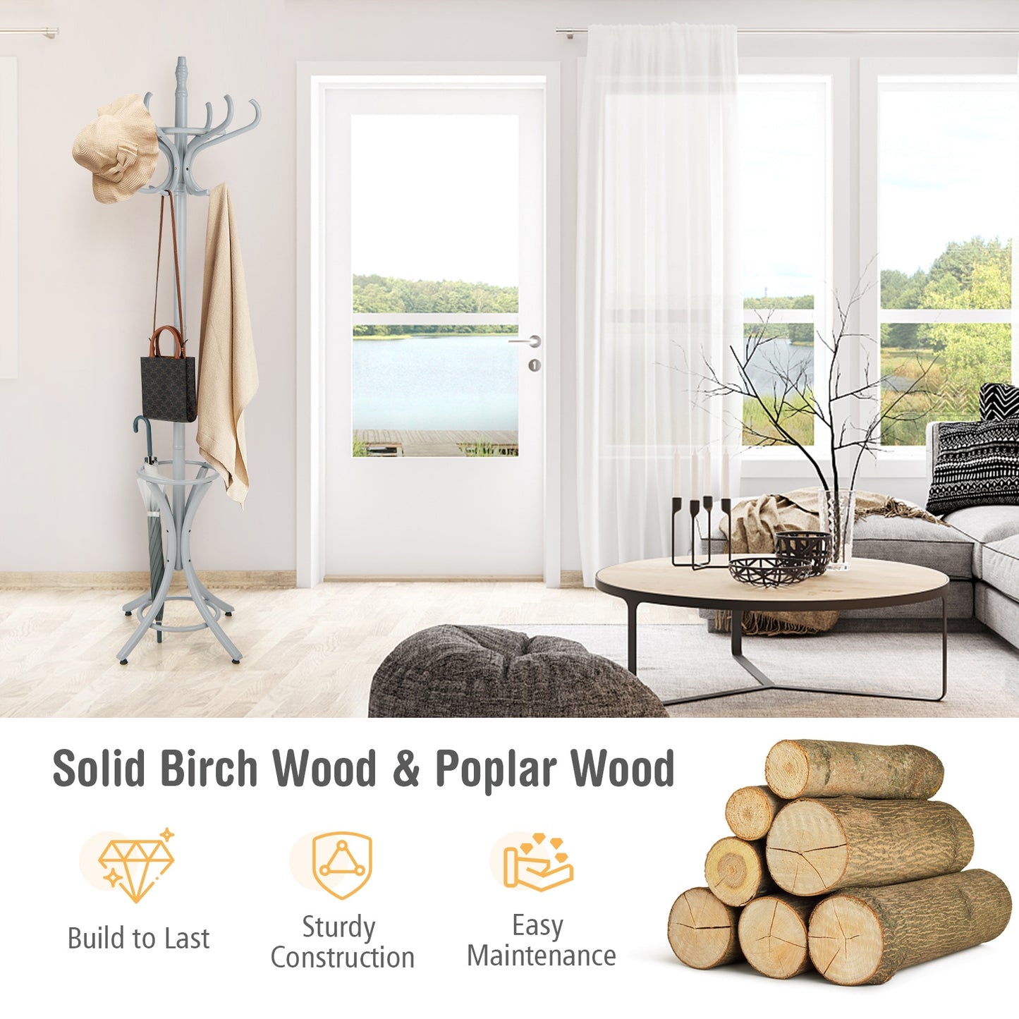 Wooden Standing Coat Rack with 12 Hooks and Umbrella Stand in Grey