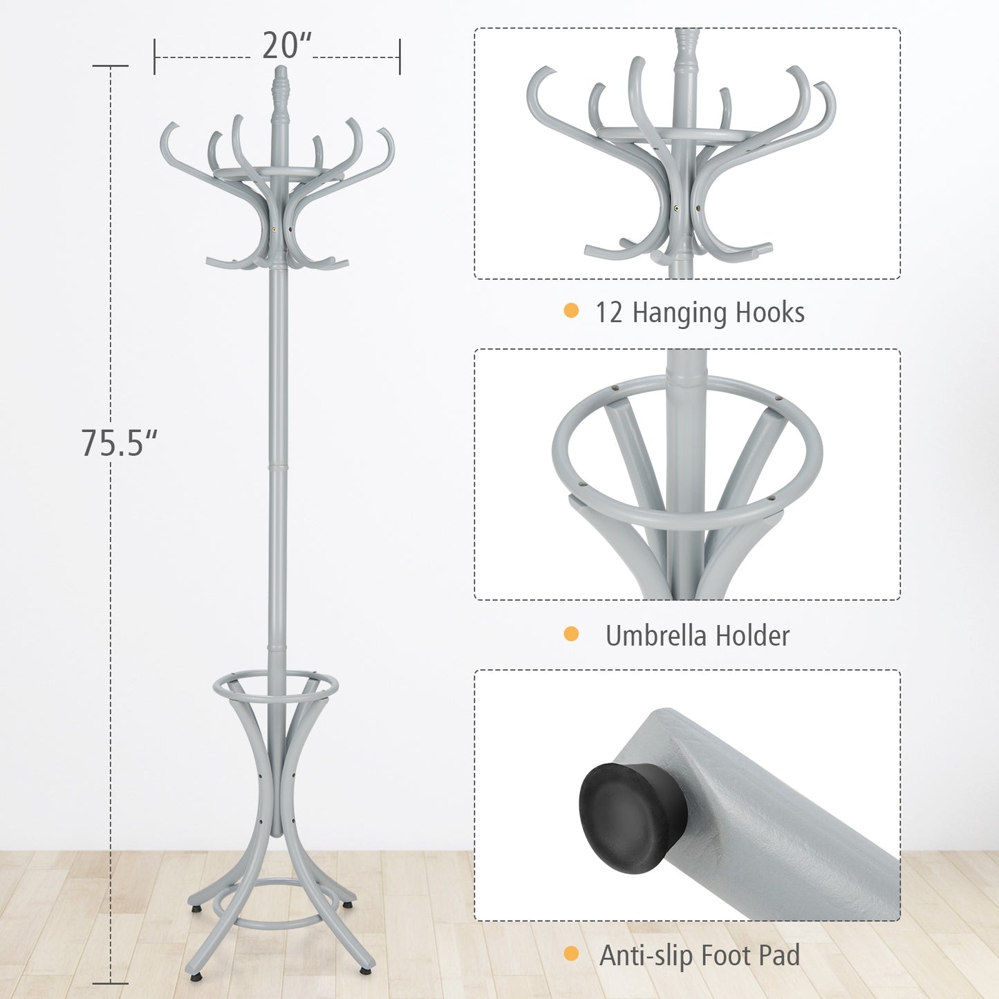 Wooden Standing Coat Rack with 12 Hooks and Umbrella Stand in Grey