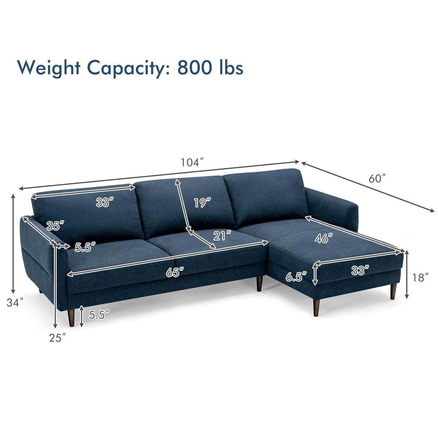 Modern L Shaped Sectional Sofa with Chaise Lounge and Solid Wood Legs in Navy