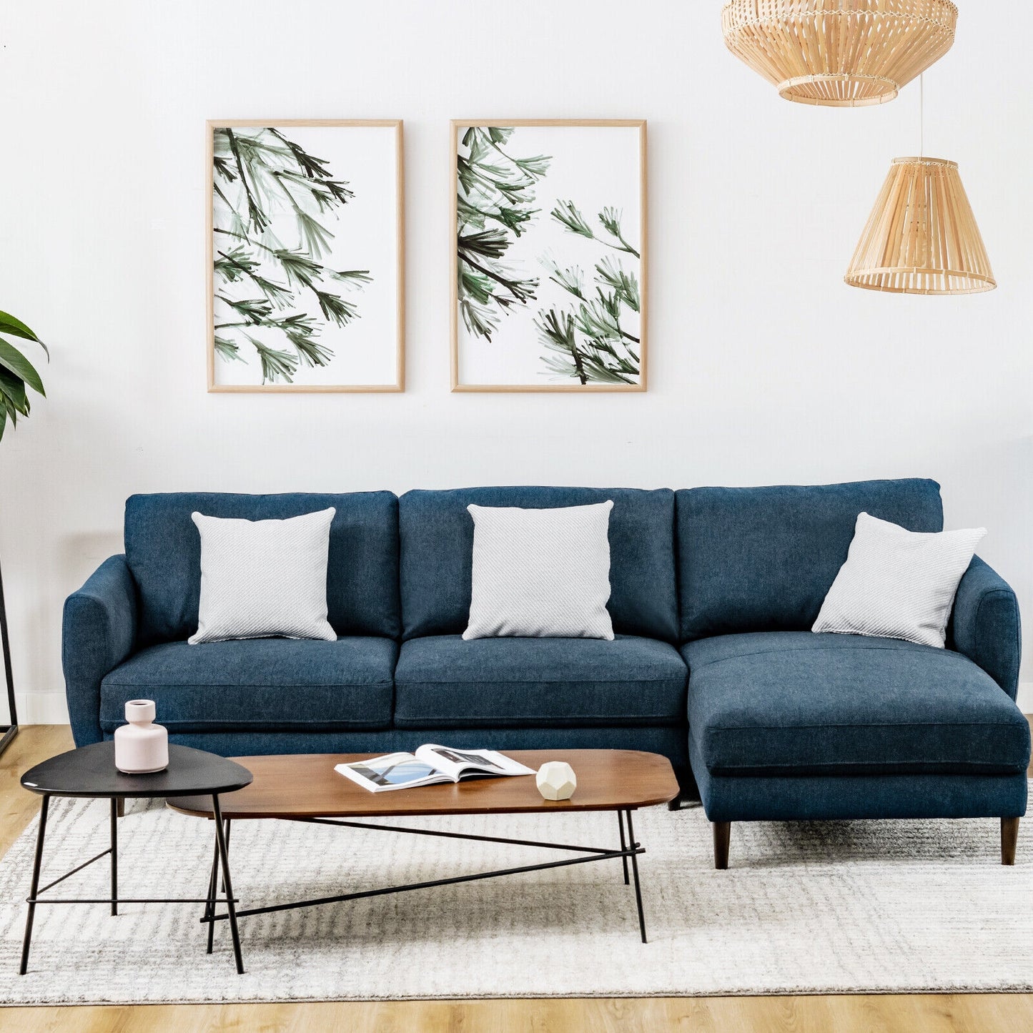 Modern L Shaped Sectional Sofa with Chaise Lounge and Solid Wood Legs in Navy