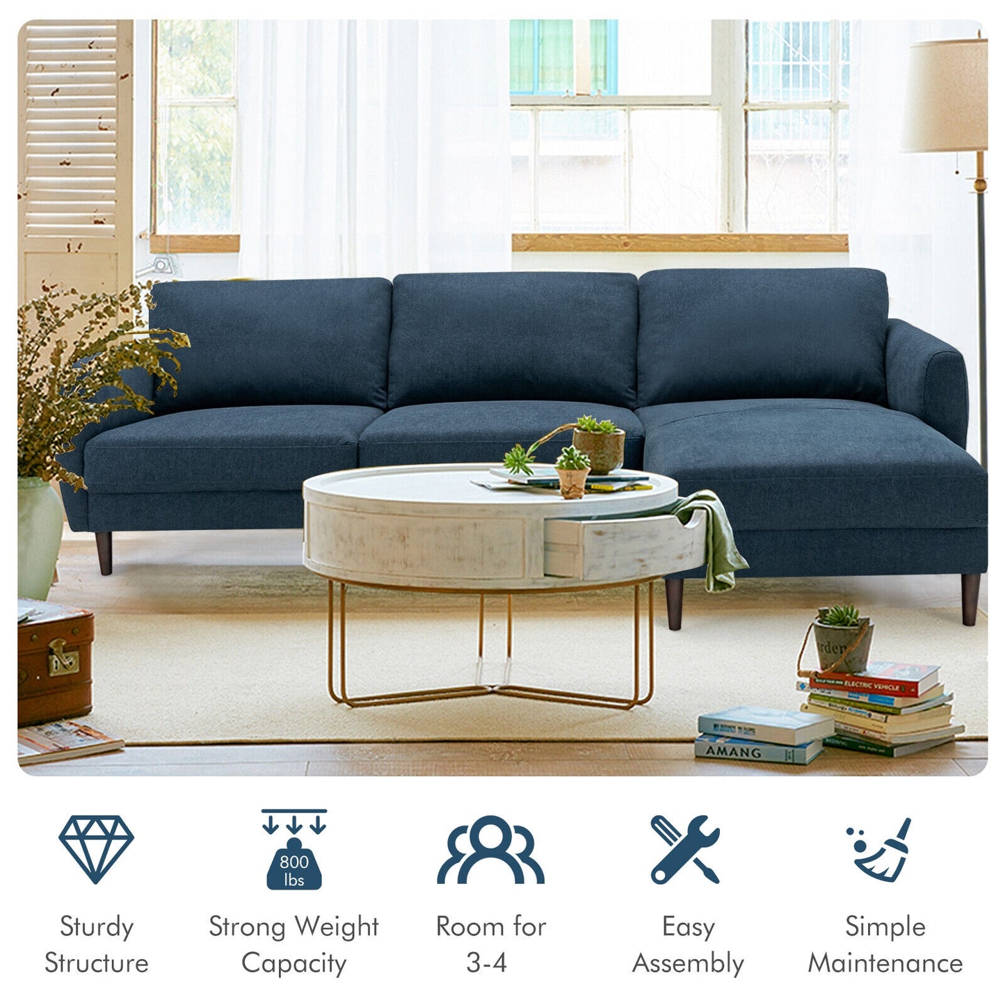 Modern L Shaped Sectional Sofa with Chaise Lounge and Solid Wood Legs in Navy