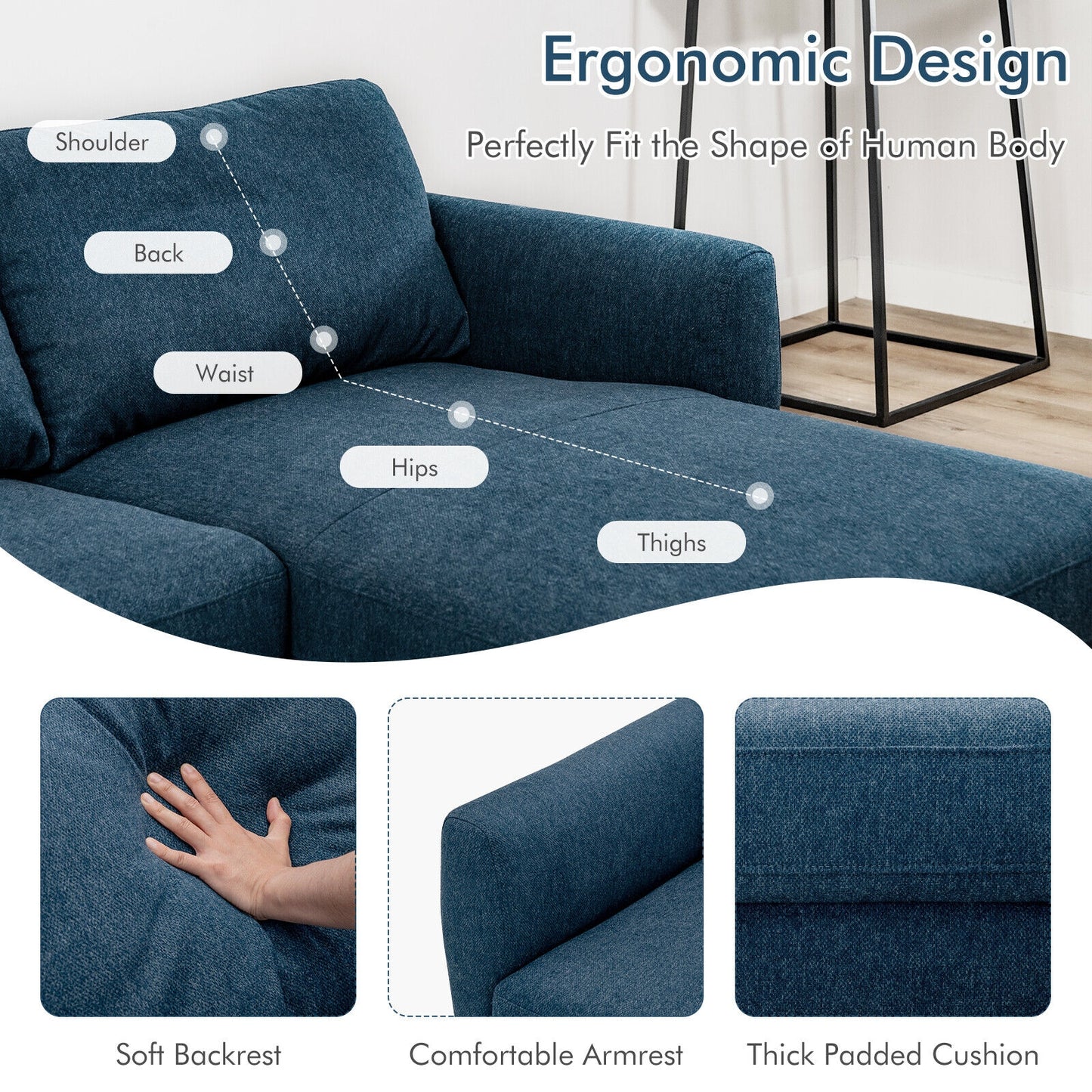 Modern L Shaped Sectional Sofa with Chaise Lounge and Solid Wood Legs in Navy
