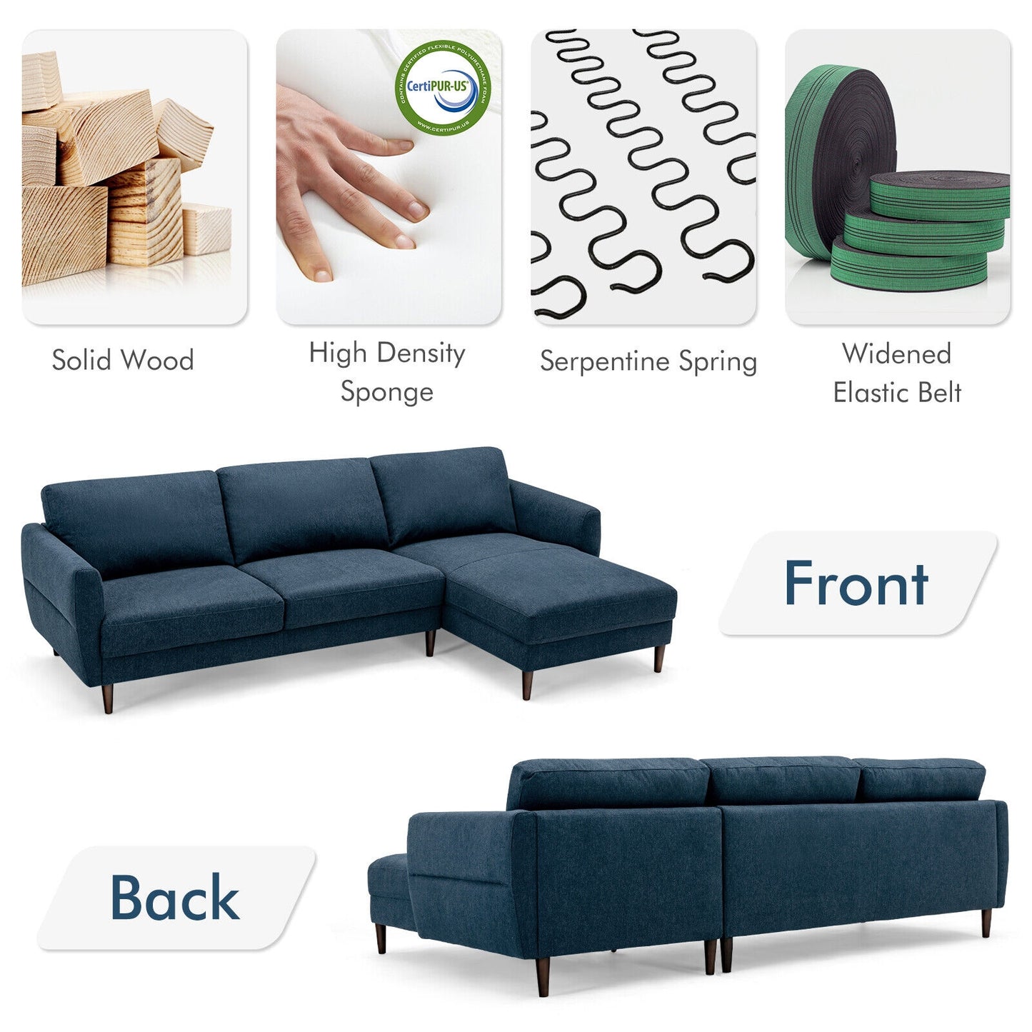 Modern L Shaped Sectional Sofa with Chaise Lounge and Solid Wood Legs in Navy