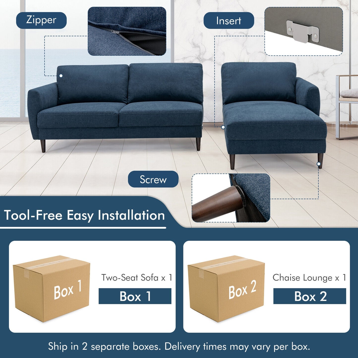 Modern L Shaped Sectional Sofa with Chaise Lounge and Solid Wood Legs in Navy