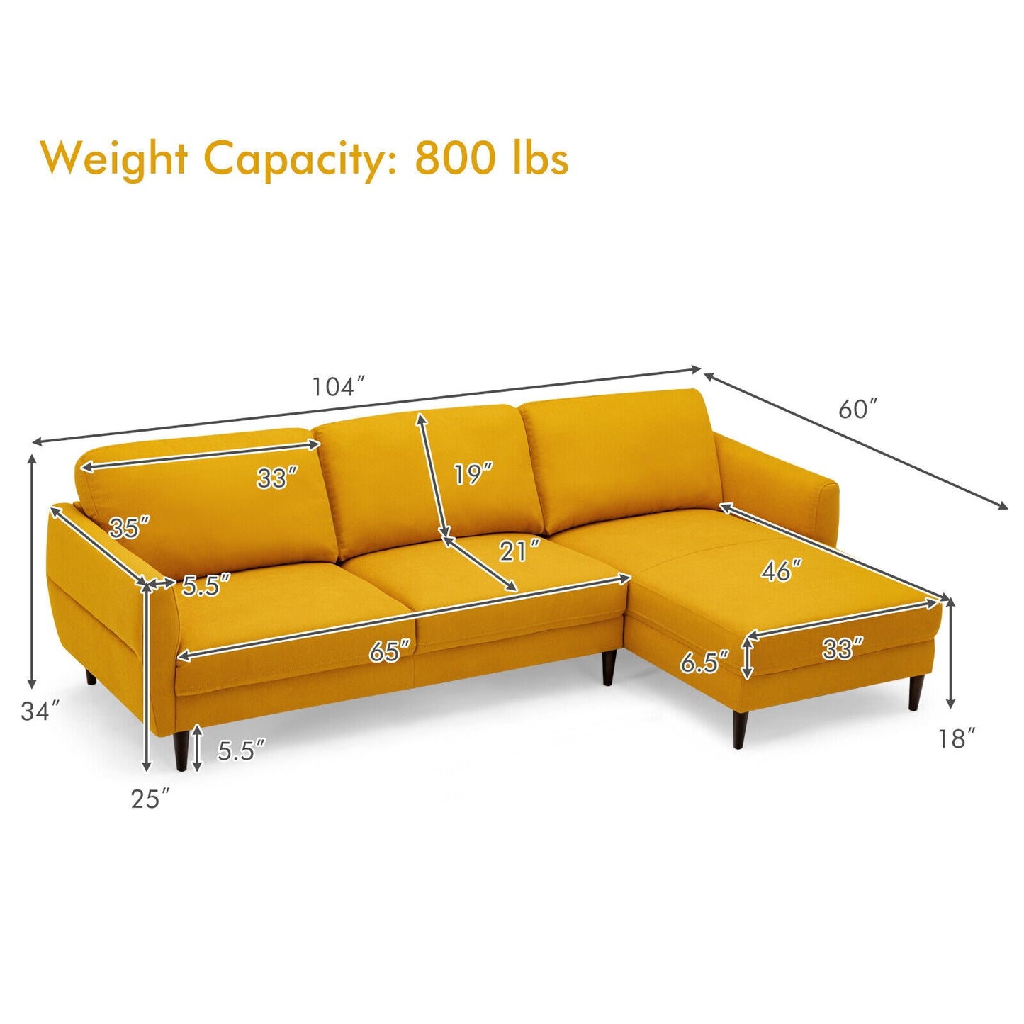 Modern L Shaped Sectional Sofa with Chaise Lounge and Solid Wood Legs in Yellow