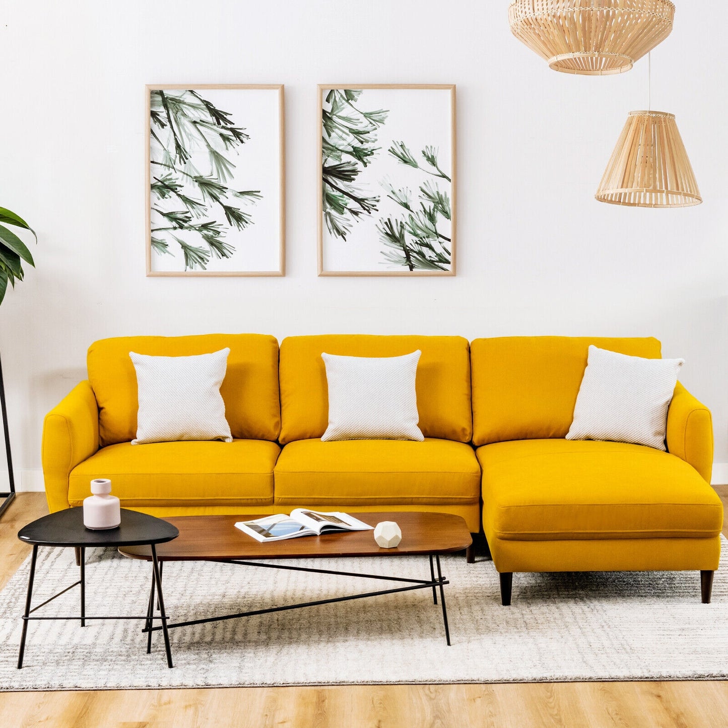 Modern L Shaped Sectional Sofa with Chaise Lounge and Solid Wood Legs in Yellow