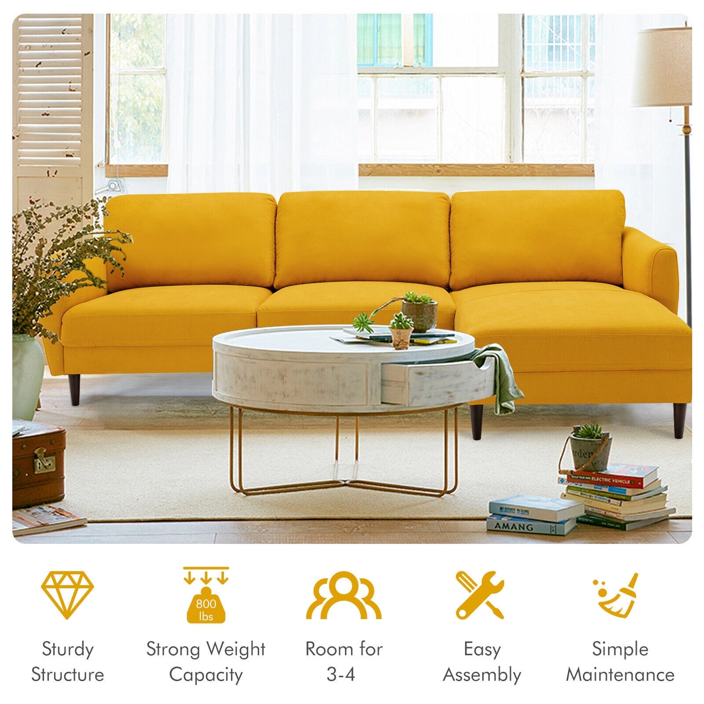Modern L Shaped Sectional Sofa with Chaise Lounge and Solid Wood Legs in Yellow