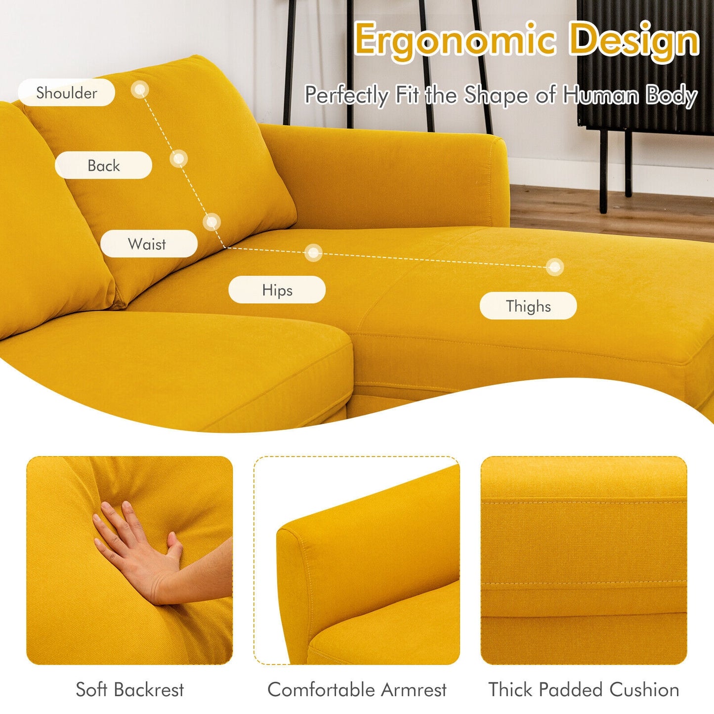 Modern L Shaped Sectional Sofa with Chaise Lounge and Solid Wood Legs in Yellow