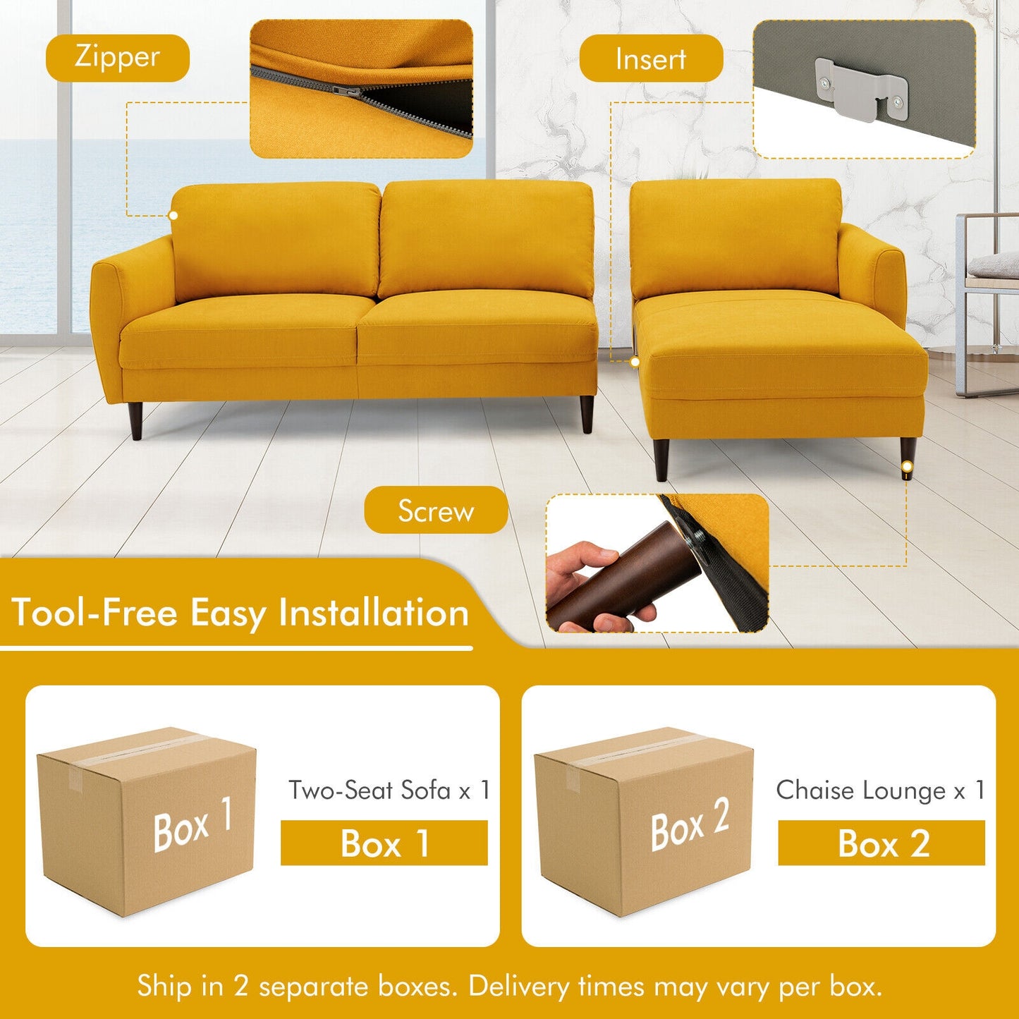 Modern L Shaped Sectional Sofa with Chaise Lounge and Solid Wood Legs in Yellow