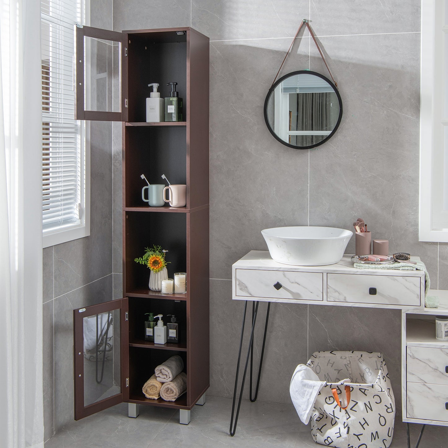 71" Tall Bathroom Storage Cabinet with Display Shelves & Organizer for Bedroom
