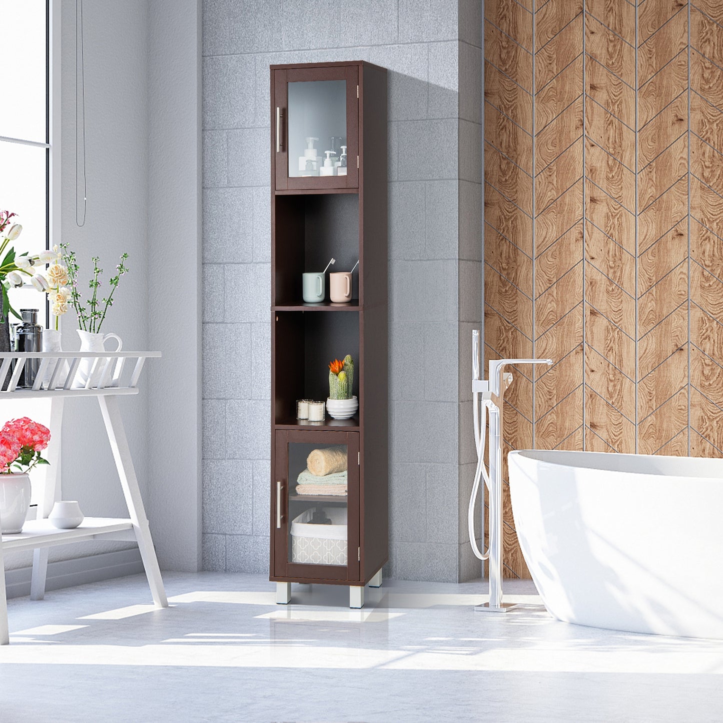 71" Tall Bathroom Storage Cabinet with Display Shelves & Organizer for Bedroom