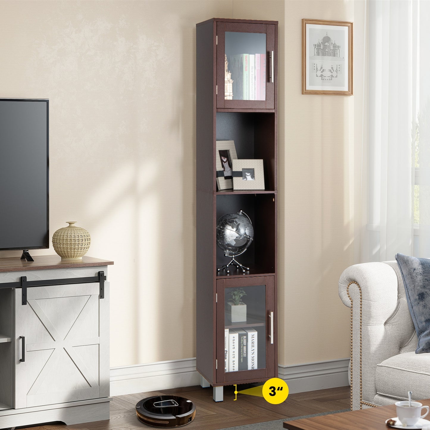 71" Tall Bathroom Storage Cabinet with Display Shelves & Organizer for Bedroom