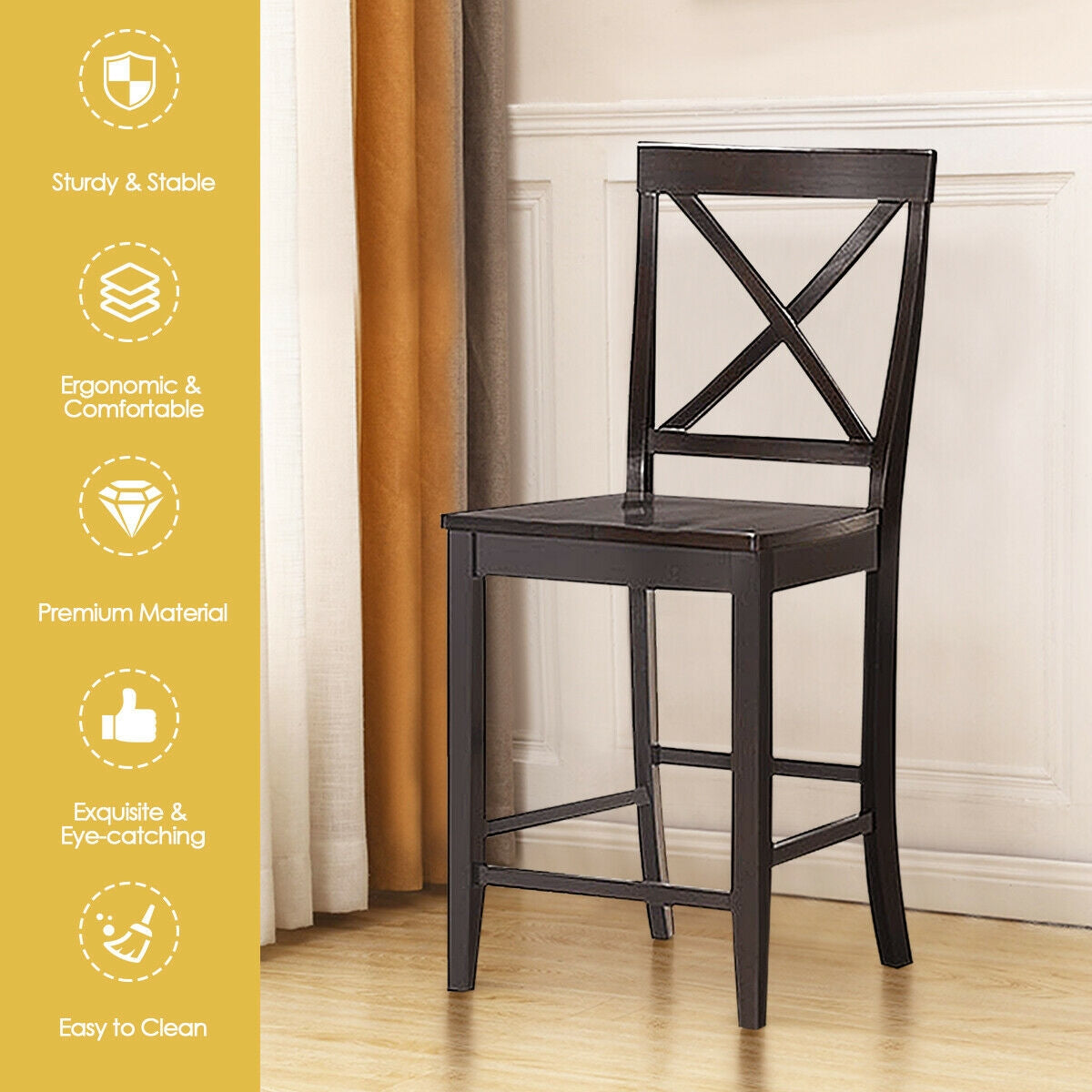 24 Inch Kitchen Chairs with Rubber Wood Frame and Comfortable Seat, Set of 2