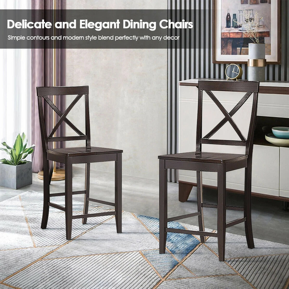 24 Inch Kitchen Chairs with Rubber Wood Frame and Comfortable Seat, Set of 2