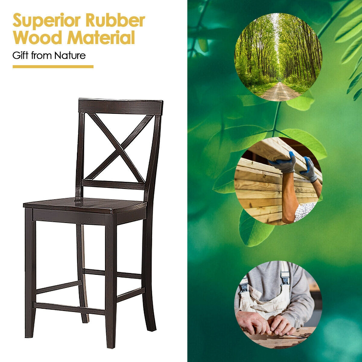 24 Inch Kitchen Chairs with Rubber Wood Frame and Comfortable Seat, Set of 2