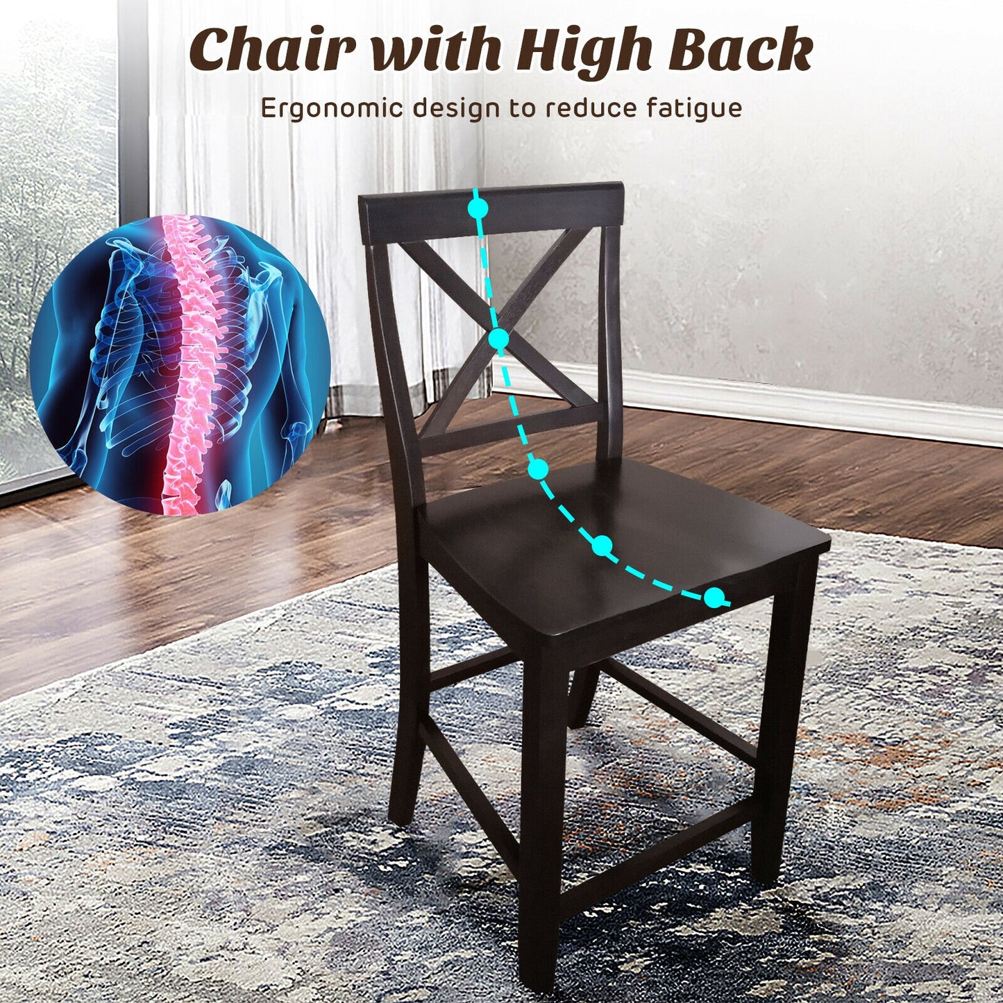24 Inch Kitchen Chairs with Rubber Wood Frame and Comfortable Seat, Set of 2