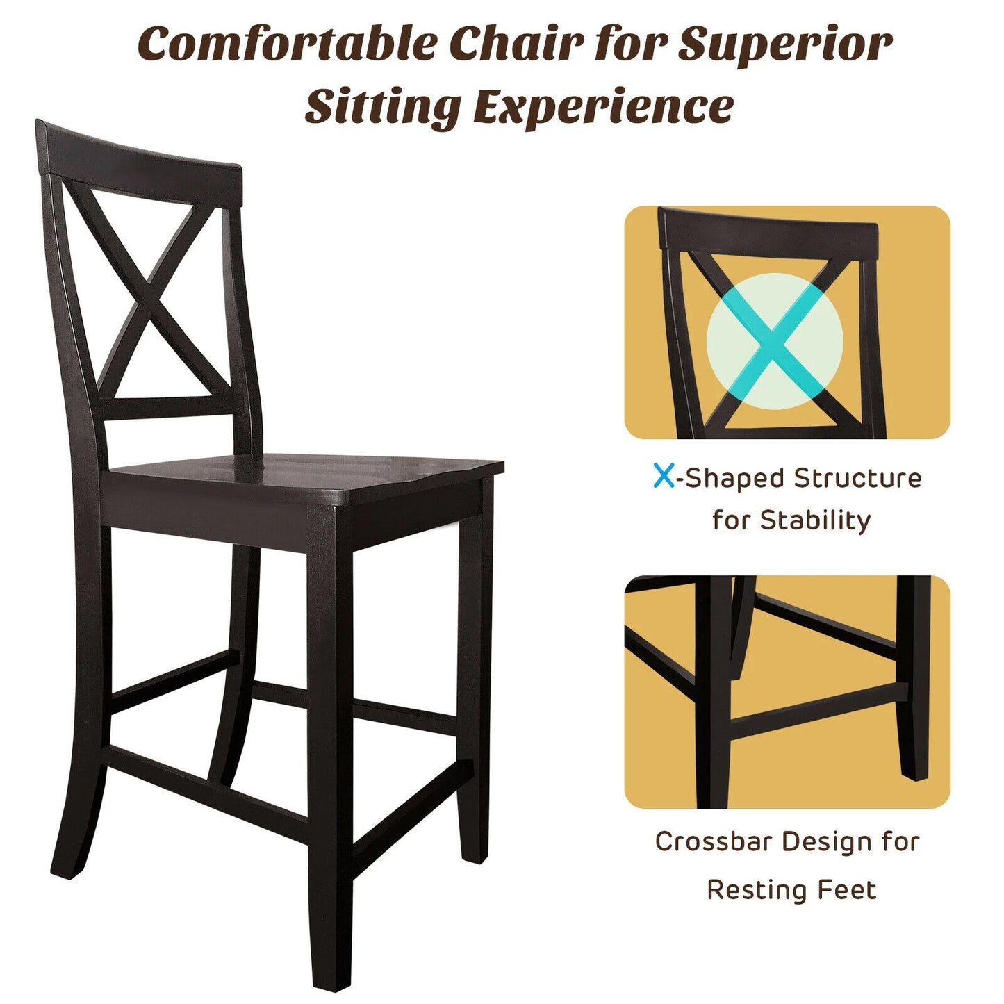 24 Inch Kitchen Chairs with Rubber Wood Frame and Comfortable Seat, Set of 2