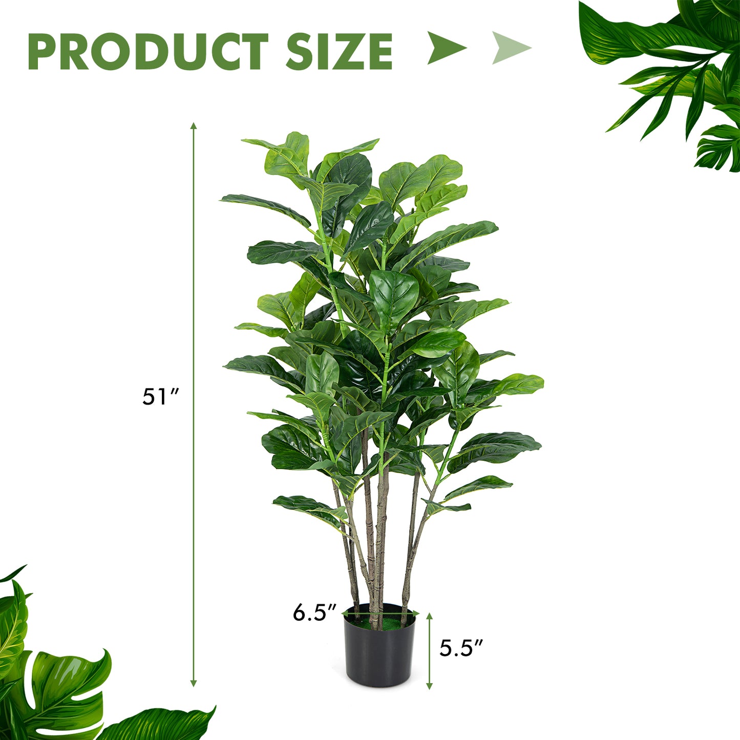 Set of 2 - 51 Inch Artificial Fiddle Leaf Fig Trees for Indoor & Outdoor Decor