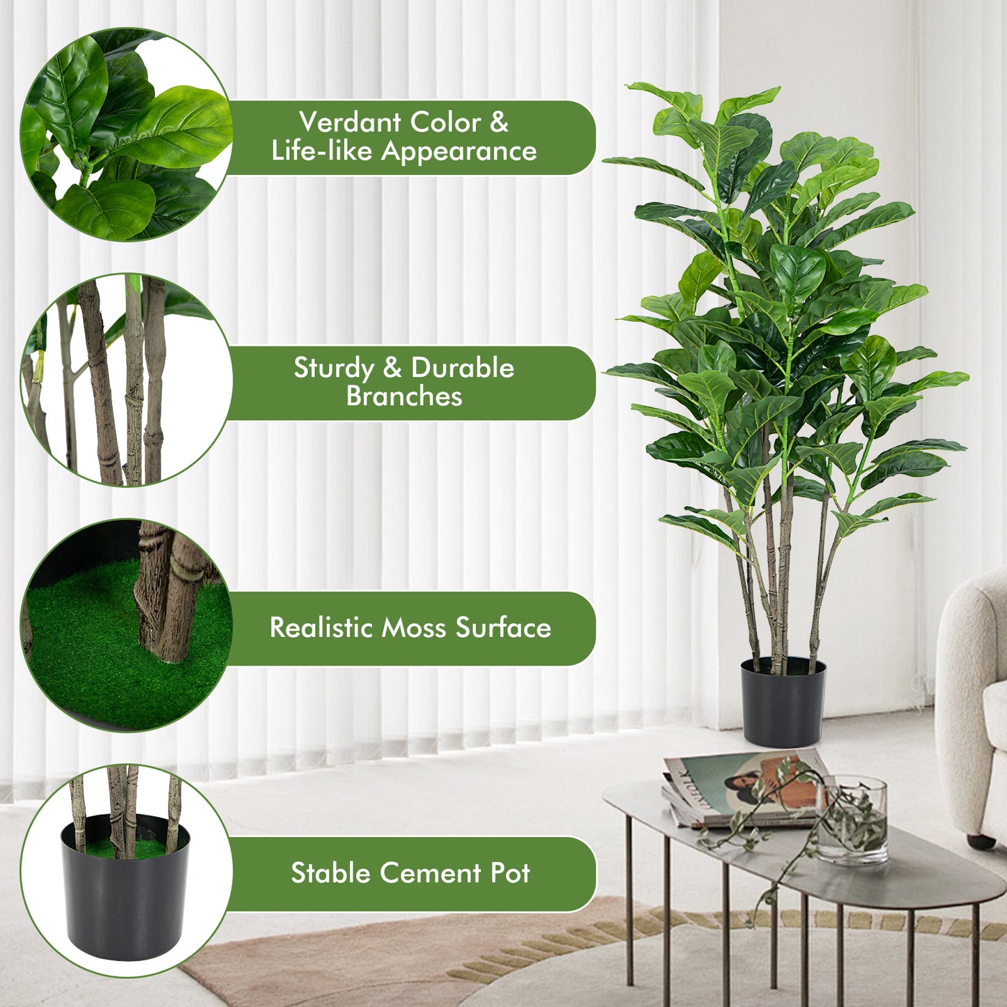 Set of 2 - 51 Inch Artificial Fiddle Leaf Fig Trees for Indoor & Outdoor Decor