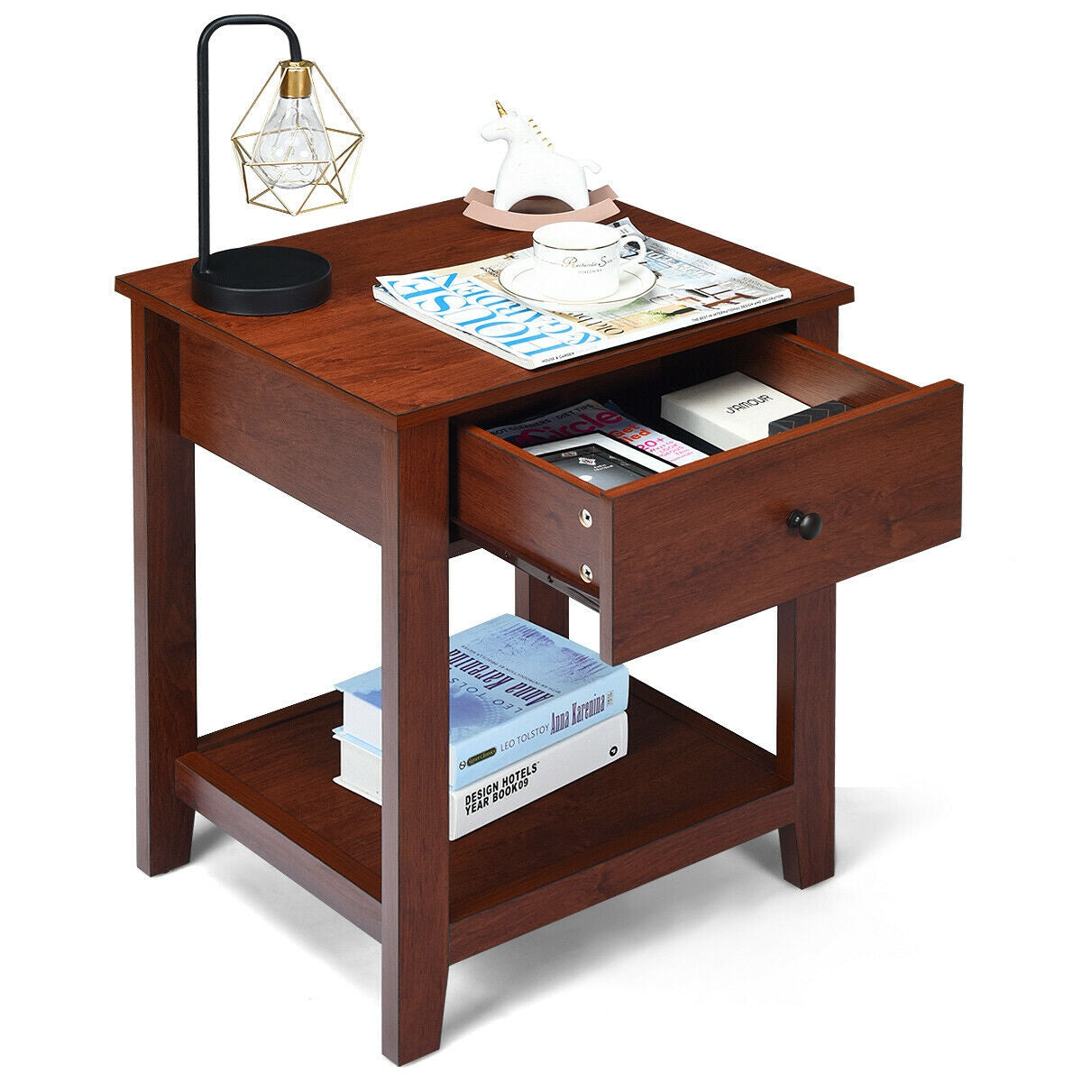 Set of 2 Wooden End Table with Drawer and Lower Storage Shelf