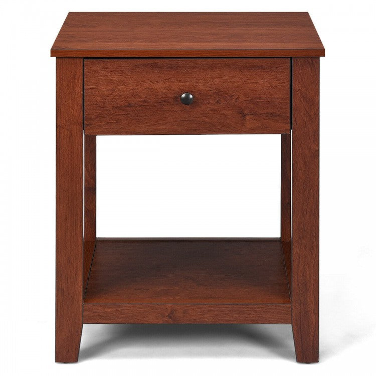 Set of 2 Wooden End Table with Drawer and Lower Storage Shelf