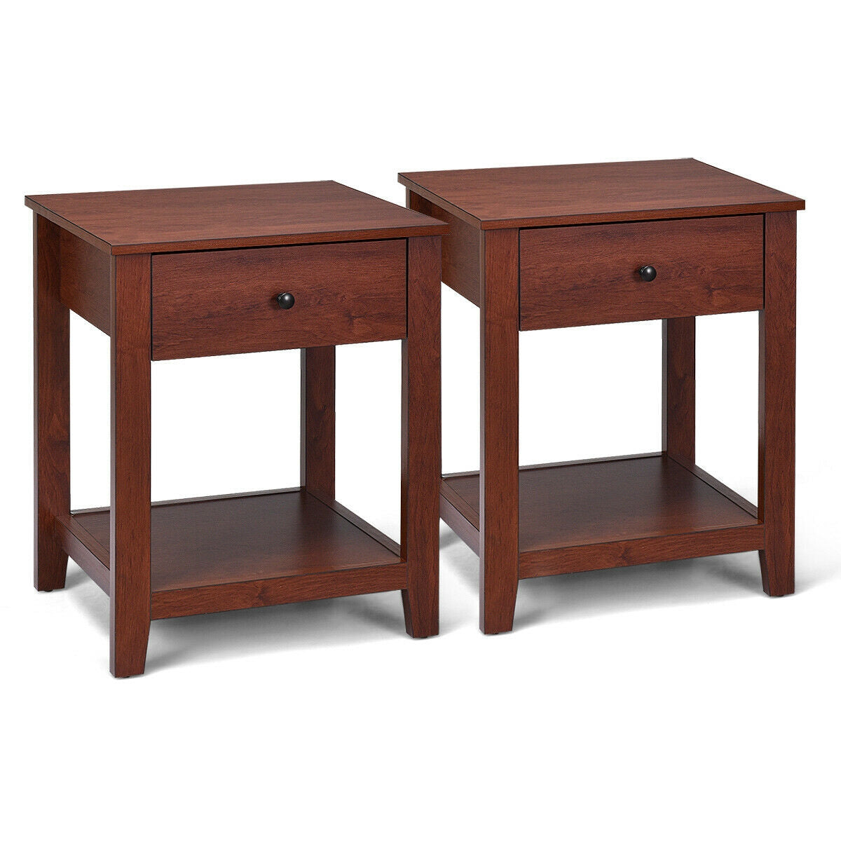 Set of 2 Wooden End Table with Drawer and Lower Storage Shelf