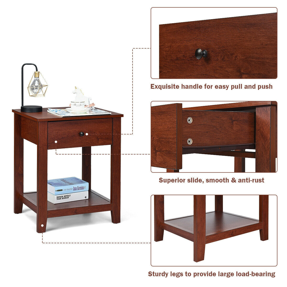 Set of 2 Wooden End Table with Drawer and Lower Storage Shelf