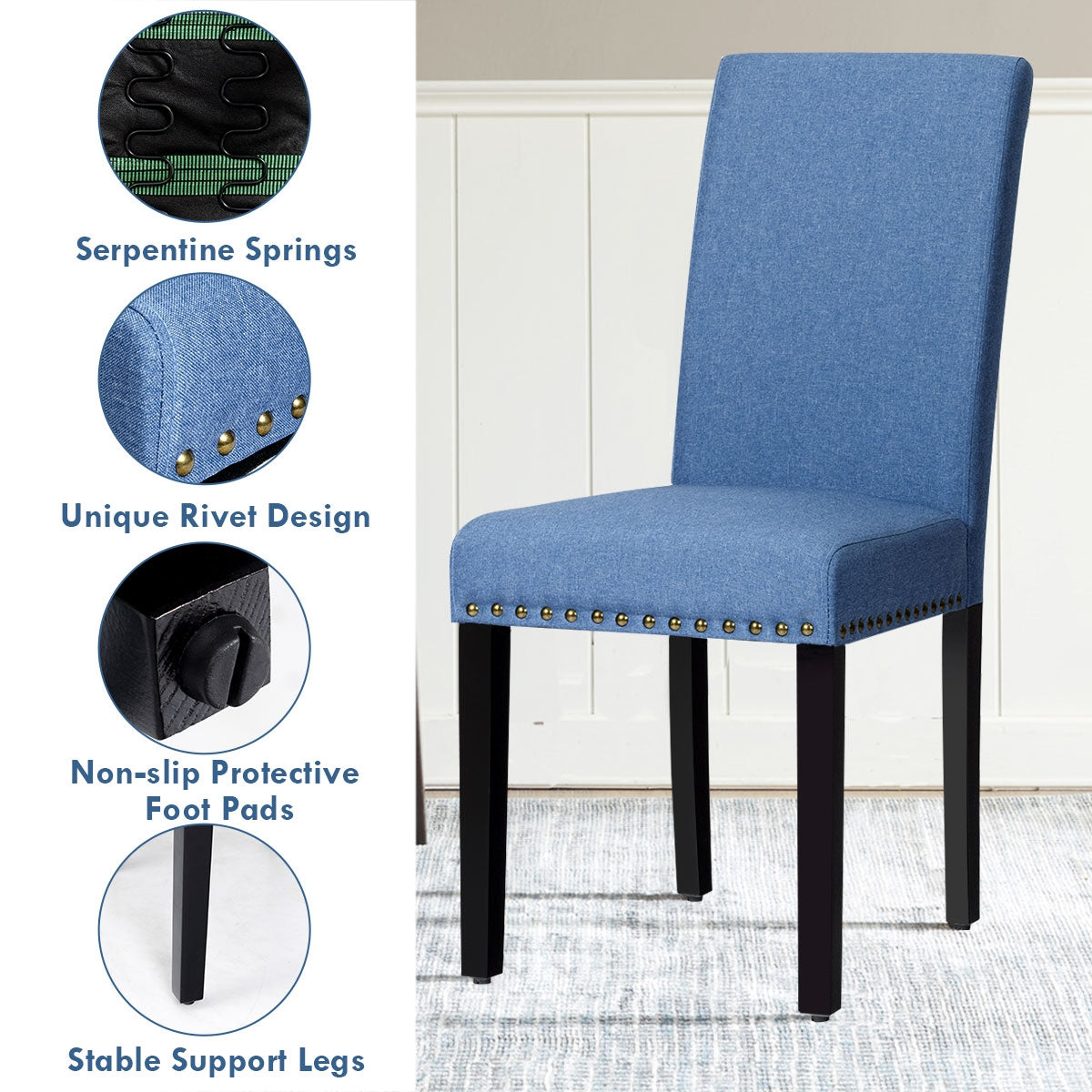 Set of 2 Stylish Upholstered Dining Chairs with Nailhead Accents - Blue