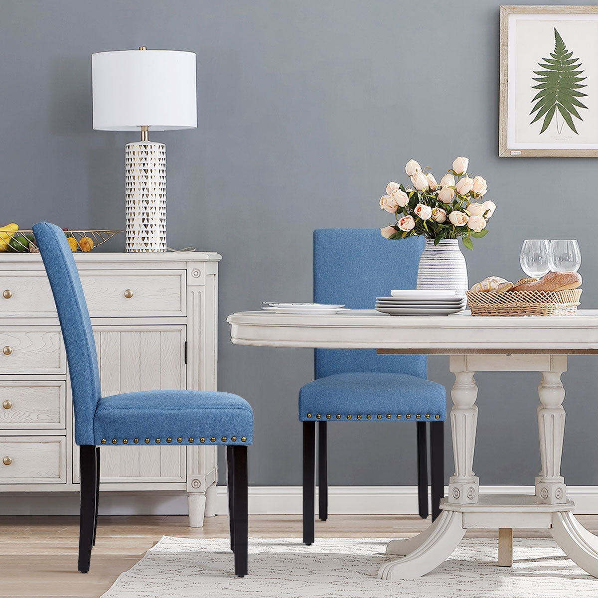 Set of 2 Stylish Upholstered Dining Chairs with Nailhead Accents - Blue