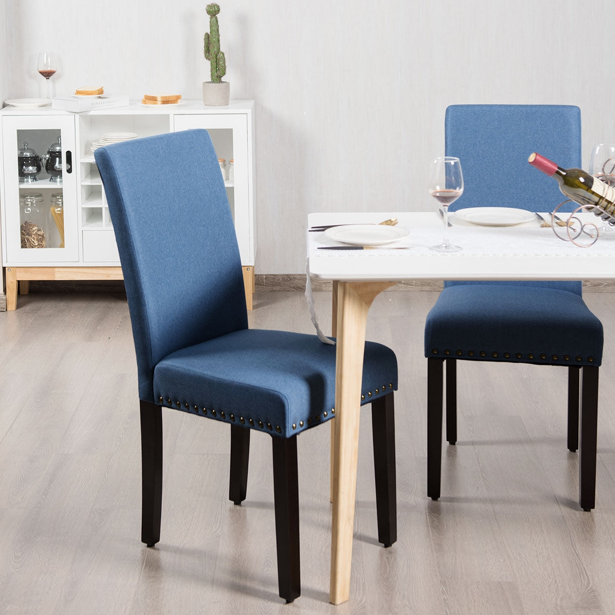 Set of 2 Stylish Upholstered Dining Chairs with Nailhead Accents - Blue