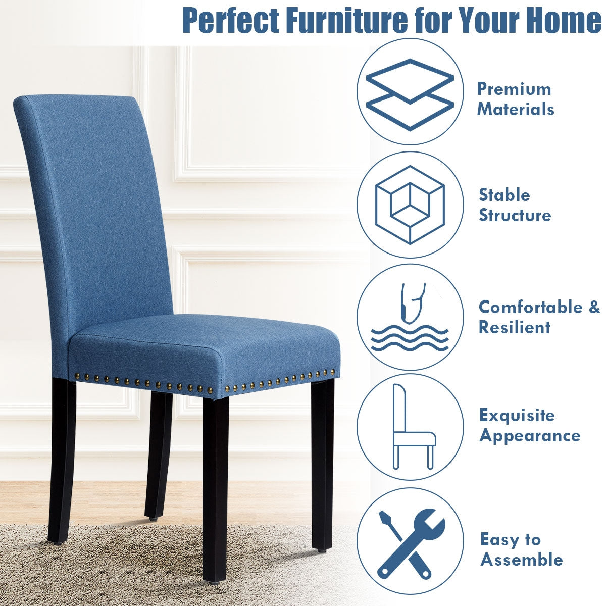 Set of 2 Stylish Upholstered Dining Chairs with Nailhead Accents - Blue