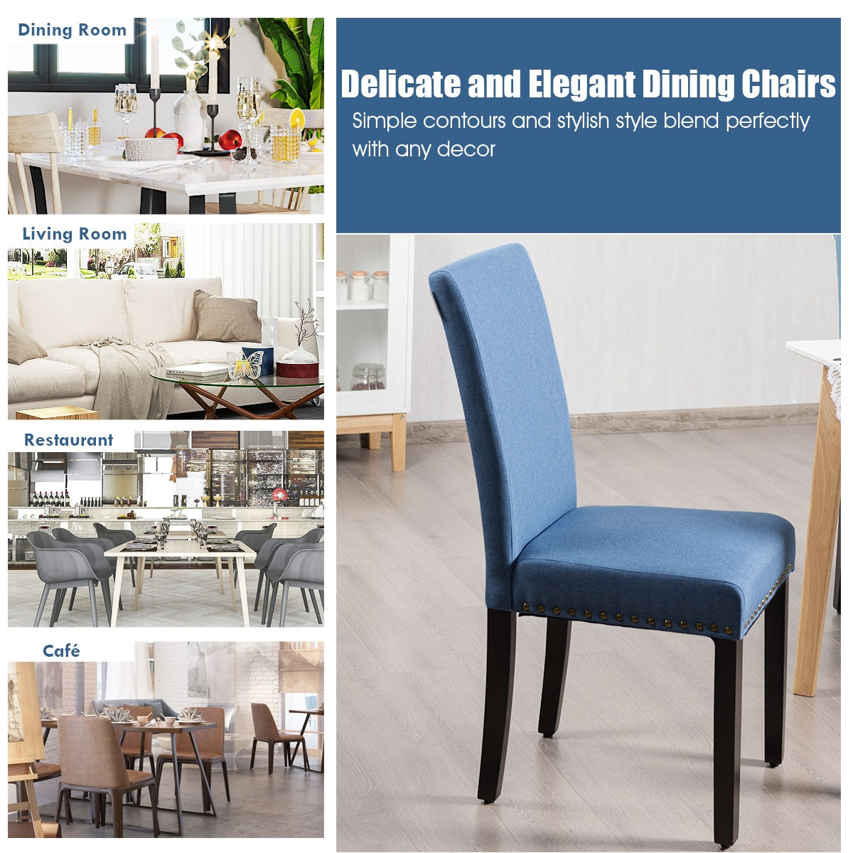 Set of 2 Stylish Upholstered Dining Chairs with Nailhead Accents - Blue