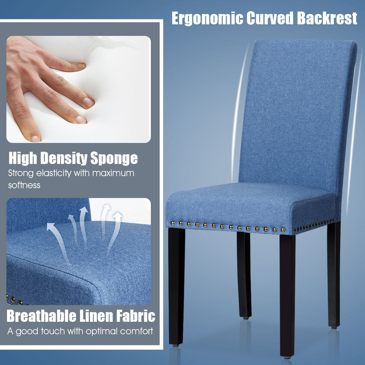 Set of 2 Stylish Upholstered Dining Chairs with Nailhead Accents - Blue