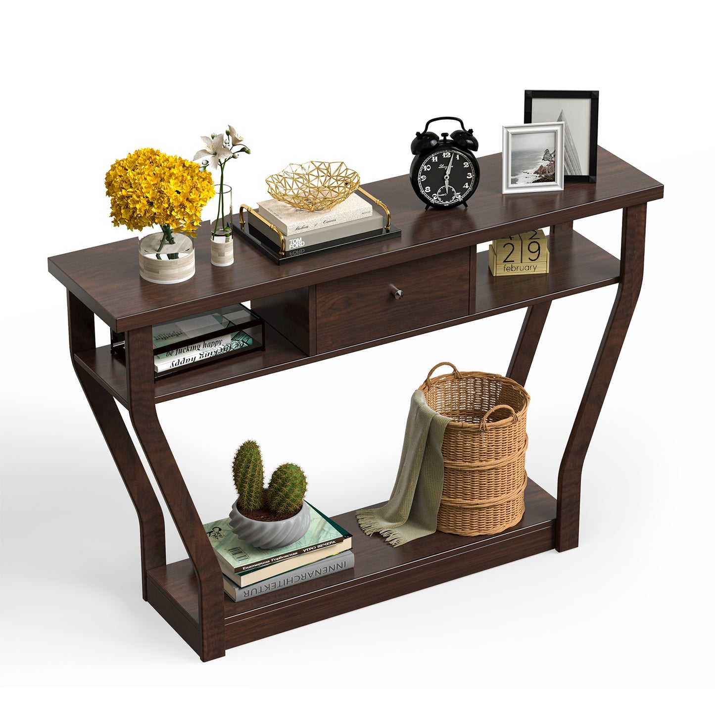 Elegant Console Table with Storage Drawer and Open Shelf for Hallway or Living Room - Brown