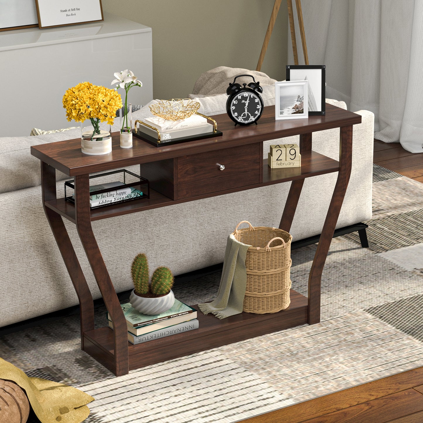 Elegant Console Table with Storage Drawer and Open Shelf for Hallway or Living Room - Brown