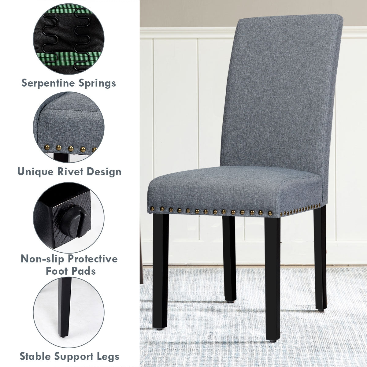 Set of 2 Stylish Upholstered Dining Chairs with Nailhead Accents - Light Grey