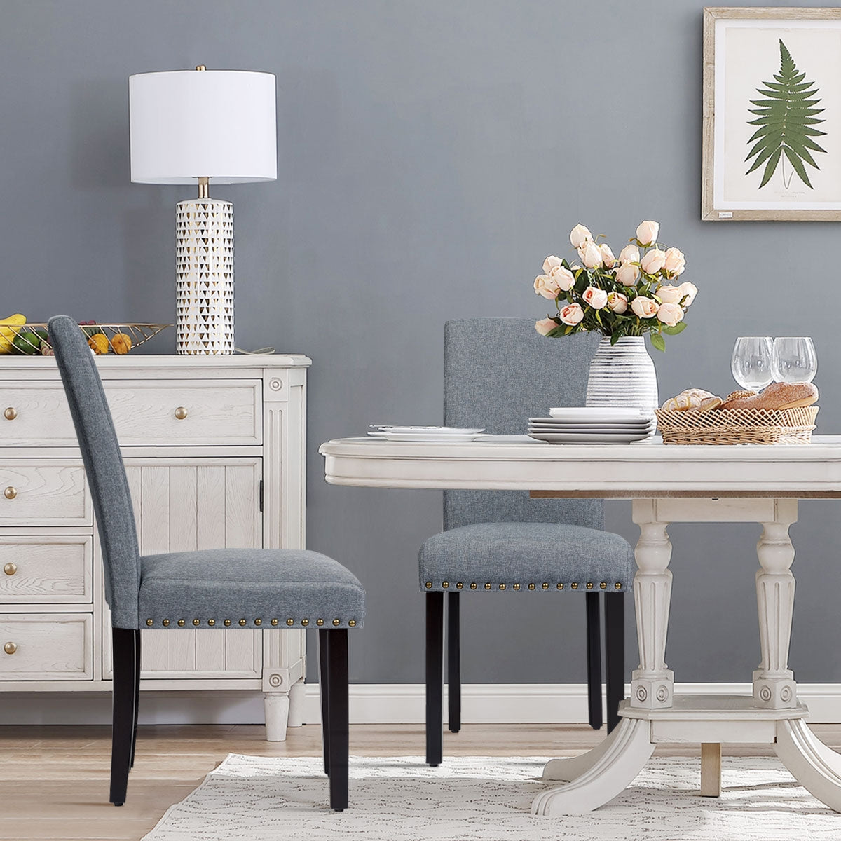 Set of 2 Stylish Upholstered Dining Chairs with Nailhead Accents - Light Grey