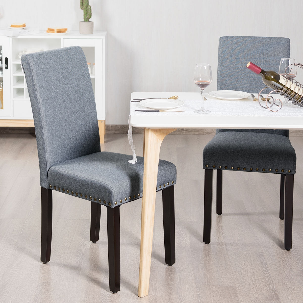 Set of 2 Stylish Upholstered Dining Chairs with Nailhead Accents - Light Grey