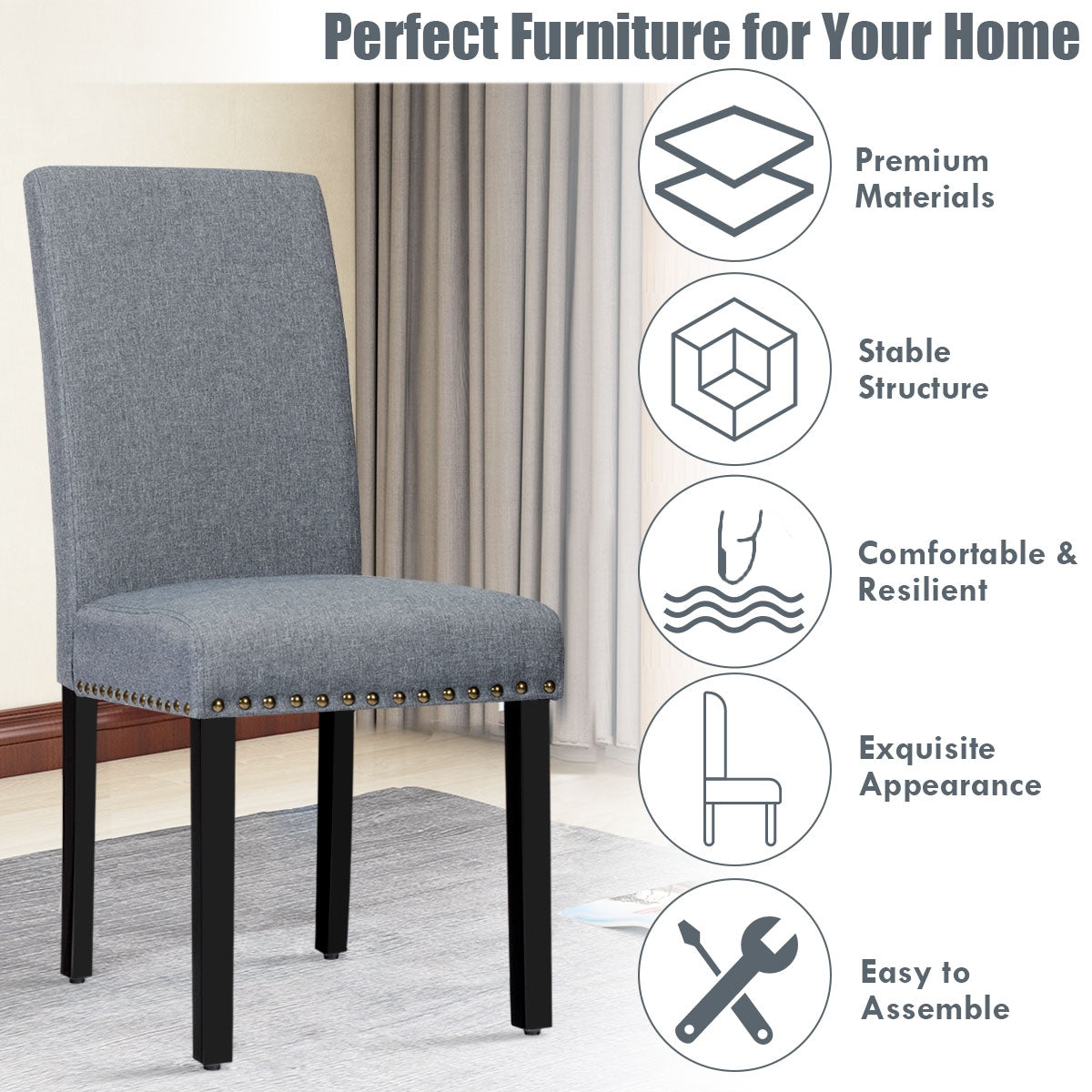 Set of 2 Stylish Upholstered Dining Chairs with Nailhead Accents - Light Grey